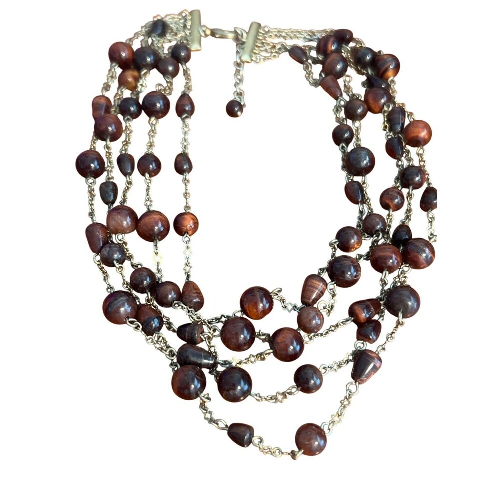 Vintage Multi Strand Beaded Necklace Brown Red Cat Eye Beads Gold Tone Estate